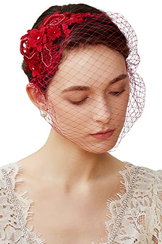 BABEYOND Bridal Wedding Veil Fascinator Mesh Lace Headband Tea Party Flower Fascinator Funeral Hats for Women Wine Red