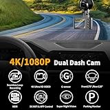 Dash Cam Front and Rear: 4K Dual Channel Dash Cam - 5GHz WiFi, Dash Camera for Cars with 64GB Card, 2.0" IPS Screen, App Control, G-Sensor, Loop Recording, 170° Wide Angle, Night Vision, Parking Mode