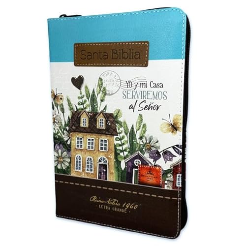 Biblia con Cierre Letra Grande 12 puntos RV1960 floral café/turquesa yo y mi casa con índice