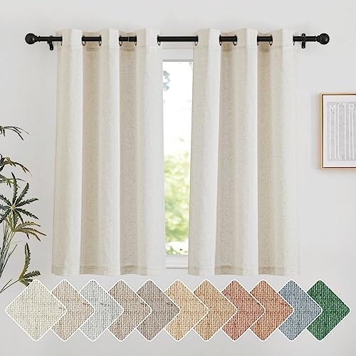 NICETOWN Natural Short Linen Curtains for Kitchen, Thick Flax Small Window Treatments Semi Sheer Privacy Assured with Light Through for Cafe/Bathroom, W42 x L48, 2 Panels