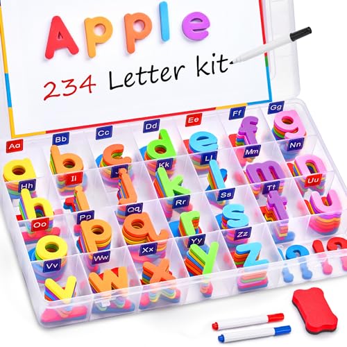 JoyCat Classroom Magnetic Letters Kit Colorful 234 Pcs with Double - Side Magnet Board - Foam Alphabet Letters for Preschool Kids Toddler Spelling and Learning - Fridge Magnets ABC Education Toys