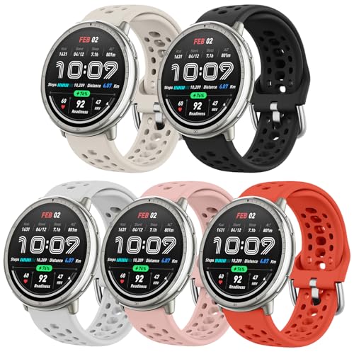 ZOCOVIN 5Pack Silicone Watch Bands for Amazfit Active 2 /Active, Soft Sport Breathable Replacement Wristband Strap for Amazfit GTS 4/4 mini/3/2 mini/2e