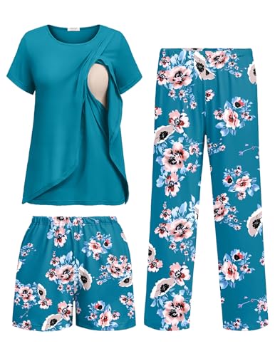 Ekouaer 3 PCS Maternity Nursing Pajamas Set Postpartum Breastfeeding Short Sleeve Shirts, Pregnancy Shorts & Pants Pjs Green Print M