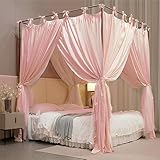 AIOOO 4 Corners Post Princess Curtain Bed Canopy Double Layer Cozy Mosquito Net Mesh and Cloth for Girls Adults Bedroom Decoration (Double-Beigepink/White, 78" W*86" L*82"*H/(King))