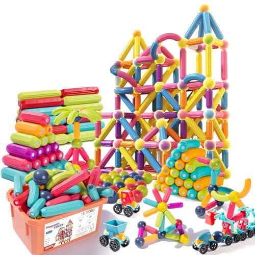 Titrot 128Pcs Magnetic Blocks Kids Toys, Large Magnetic Building Sticks STEM Educational Sensory Toy Preschool Learning Montessori Toys for Toddlers Boys Girls Ages 3-8 with 2 Cars