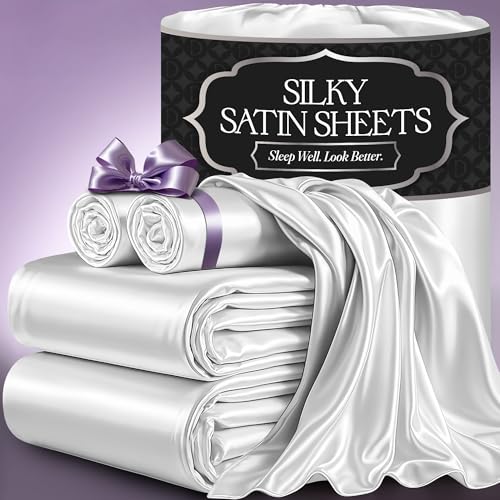 DECOLURE Satin Bed Sheets - 4 Piece Luxury Silky Queen Size Bedding Set - Softer Than Silk, Wrinkle-Free with 15” Deep Pocket Fitted Sheet, Perfect for Hair & Skin, Gifts for Women (White)