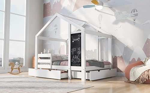 espidoo Twin House Kids Bed: Modern White Wooden Frame with Blackboard & Drawers - 2 Assembly Options for Boys & Girls Aged 6+ - Safe Fun Sleeping & Storage Solution