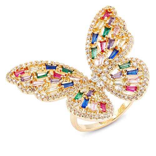Lavencious Art Cocktail Butterfly Fashion Ring Size Adjustable from 6-8.5 Cubic Zirconia Jewelry for Women (Gold - Multi-color)