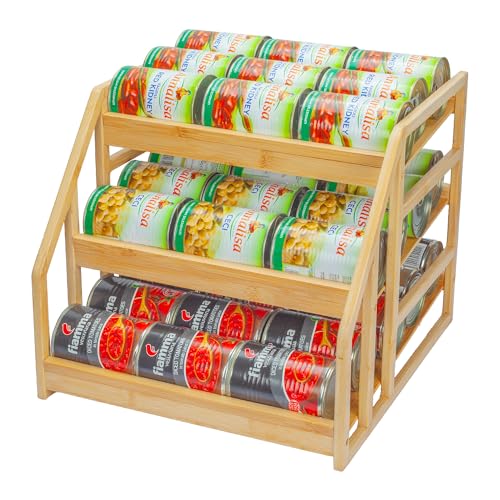 MinBoo Bamboo Can Rack Organizer, 3 Tier Stackable Can Storage Dispenser, for Food Storage,Canned Goods Organizer for Kitchen Cabinets or Pantry,Storage for 36 Cans