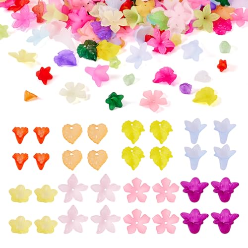 240pcs Flower Transparent Frosted Acrylic Beads Mixed Shape Flower Leaves Loose Beads Caps for DIY Jewelry Making (Mixed Color)