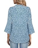 Gaharu Women Top for Work Women's Floral Print Blouses 3/4 Ruffle Sleeve Flowy Chiffon Tops V Neck Tunic Dress Shirts Business Casual Blouses for Office Multi-Blue,M