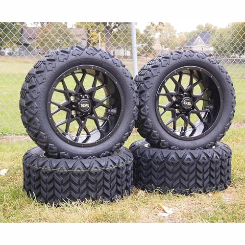 14" Glossy Black Deep Dish Golf Cart Wheels & Tires Set of 4, 23x10-14 All Terrain Tires, DOT Certified Golf Cart Wheels Compatible with EZGO, Club Car, YMH, 5 or 6" Lift Kit Required