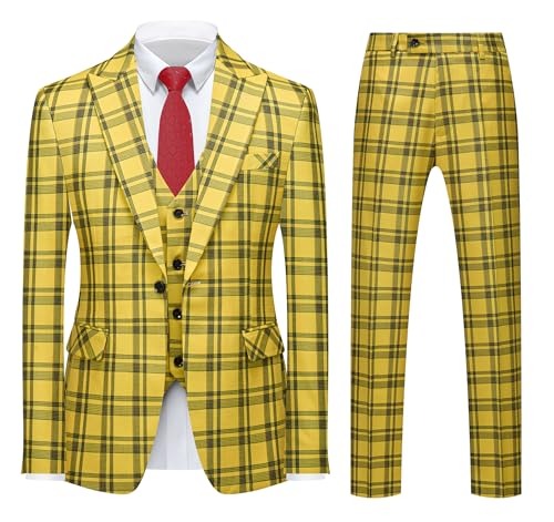 MOGU Mens 3-Piece Slim Fit Plaid Suit - Blazer, Vest, and Pants Set for Wedding, Prom, and Business US Size XXL Yellow