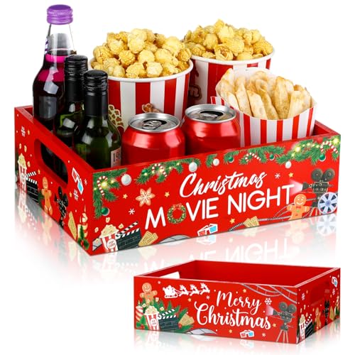 GlikCeil Movie Night Supplies Snack Trays with Handles Reusable Wooden Movie Gift Basket for Theater Popcorn Bucket Bowl Box Container Family Room Decor(Christmas Style 1)