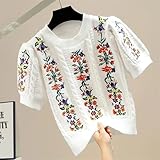 Generic Women's Summer Tops Vintage Elegant Embroidered Knitted Puff Sleeve O-neck Tops Pullovers Knitwear(Beige)