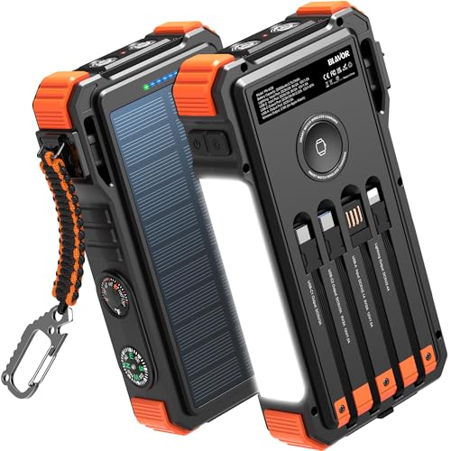 BLAVOR Solar Charger 20000mAh Built-in Cables, 20W Fast Charging Portable Power Bank with USB C, Camping Light, Flashlight, Battery Pack for iPhone 16 15 14 13 12 11, iPad, Samsung, Apple Watch