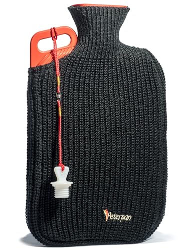 Peterpan Rubber Hot Water Bottle with Knitted Cover, Extra Large & Thick for Pain Relief, 90 Fl Oz Capacity,BPA & Phthalates Free, Handle & 2nd Gen Lanyard Cap, Safe & Comfortable Heat Therapy, Black