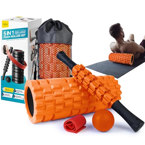 Krightlink 5 in 1 Foam Roller Set for Deep Tissue Muscle Massage, Trigger Point Fitness Exercise Foam Roller, Massage Roller, Massage Ball, Stretching Strap, for Whole Body (Orange Black)