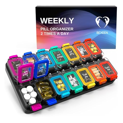 Extra Large Weekly Pill Organizer 2 Times A Day - Airtight Pill Box 7 Day - Am Pm Vitamin Case - Medicine Container Two Week Supplement Holder Daily Medication Storage XL Twice Med Sorter Cute