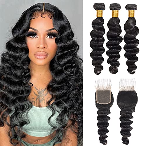 Amaykai Human Hair Loose Deep Wave 3 Bundles with Closure (26 28 30+22) Loose Curly Weave Bundles with 4x4 Free Part Lace Closure 10A Brazilian Virgin Human Hair Wet and Wavy Bundles Hair Extensions