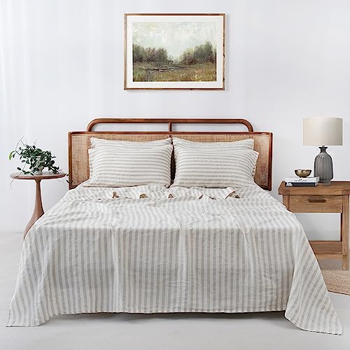 S VICTORY SYMBOL 100% Organic Linen Sheets Set,Yarn Dyed Classic Beige Striped Sheets,French Natural Flax Bedding Set Queen Size,4pcs Farmhouse Bed Sheets,Moisture-Wicking
