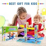 Montessori Toys for Toddlers, Children Race Track Toy with 4 Cars and 1 Wooden Parking Lot, Stable Base, Car Ramp Toy for 1 2 3 Year Old Boy Girl Gifts