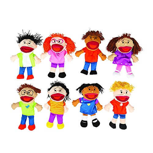 Fun Express 14" Happy Kids Stuffed Hand Puppets with Movable Mouths - 8 Puppets - Multicultural - Great for School and Home