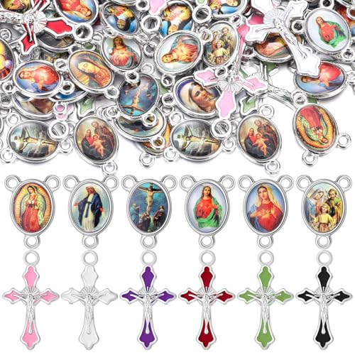 Trnayi 200 Pcs/ 100 Sets Rosary Making Kits Supplies Cross and Center Medal Charm Alloy Picture Religious Charms Crucifix Pendant for DIY Jewelry Making Prayer Bracelet Necklace Earring