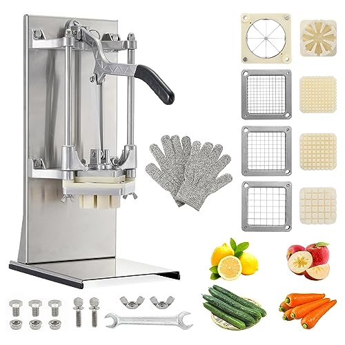 POWLAB 4-in-1 Commercial French Fry Cutter & Vegetable Chopper - Stainless Steel with Extended Handle - Includes 4 Blades - For Home, Bar, Restaurant - Dices, Slices & Chops 1/2", 3/8", 1/4", 8 Wedge