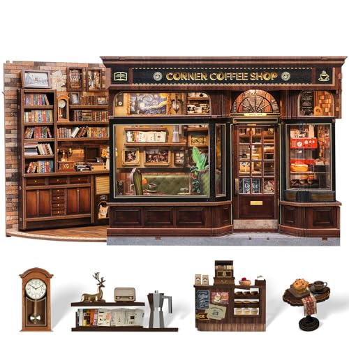 CUTEBEE Book Nook Kit - DIY Miniature House Dollhouse Kit for Adults and Teens, Booknook Tiny House Bookshelf Decor 3D Wooden Puzzle, Gifts for Family, Friends (Corner Coffee Shop)