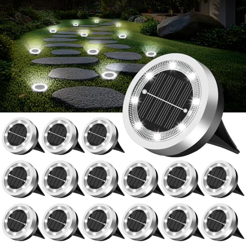 Mini Solar Ground Lights Outdoor 16 Pack Waterproof Upgraded Anti-Rust Solar Flat Garden Lights Stainless Steel Solor Powered Disc Landscape Light for Pathway Walkway Yard Lawn Patio-Cool White