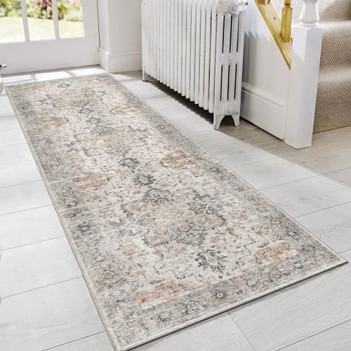 GENIMO Runner Rug 2'6''x10, Non Slip Vintage Hallway Runner Rugs, Low Pile Lightweight Machine Washable Mat for Hallway, Entryway, Bedroom, Kitchen and Corridor, Light Taupe Brown