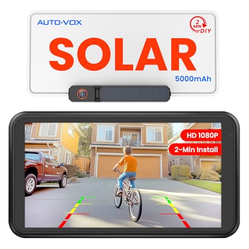 AUTO-VOX 2-Min DIY Install Solar Wireless Backup Camera: 5" 1080p Screen, Clear Night Vision, Split-Screen, IP69K Waterproof Backup Camera for Daily Driving, Parking, and Garage Use in Car and SUV