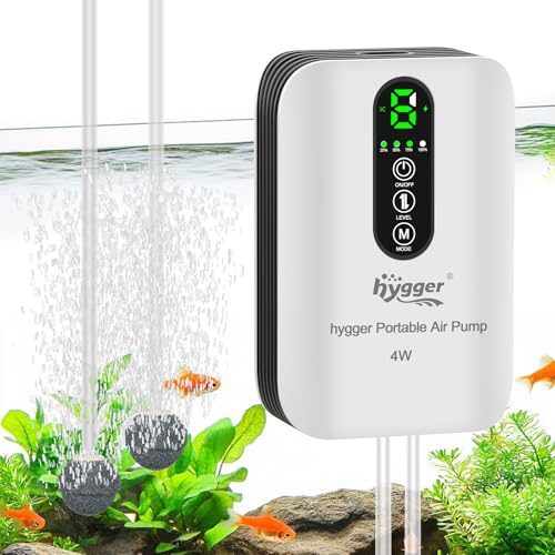 hygger Battery Powered Aquarium Air Pump 10-120Gal, Quiet USB Rechargeable Adjustable Fish Tank Air Pump, Portable Fish Oxygen Aerator Bubbler for Bait Bucket, Outdoor Fishing, Power Outage, Emergency