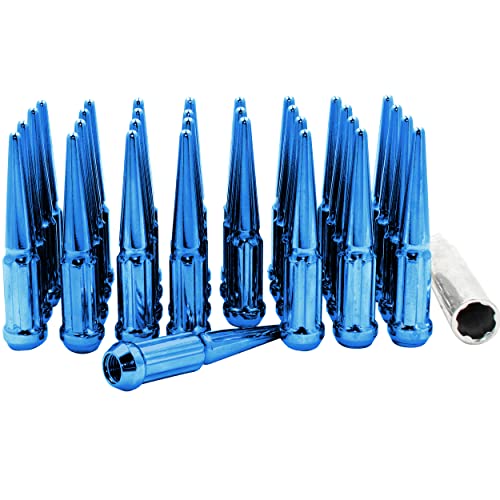 Wheel Accessories Parts 32 Pcs M14x1.5 14x1.5 Thread Spiked 4.4" Long Lug Nuts Blue Truck Spline Fits 1999+ Chevy Silverado GMC Sierra 2500 3500 | Ford 2005+ F250 F350 | 2011+ Ram 2500 3500