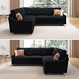 HONBAY Convertible Sectional Sofa L Shaped Couch for Small Apartment Reversible Sectional Couch for Living Room,Velvet Black