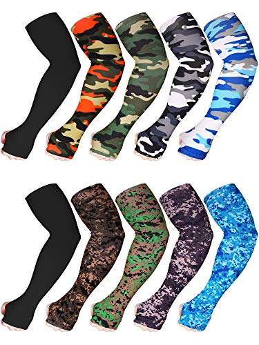 Bememo 10 Pairs Unisex Arm Sleeves for Men Women Elastic UV Protection Arm Cover Ice Silk Cooling Sleeves for Outdoor Driving(Camouflage, Black)
