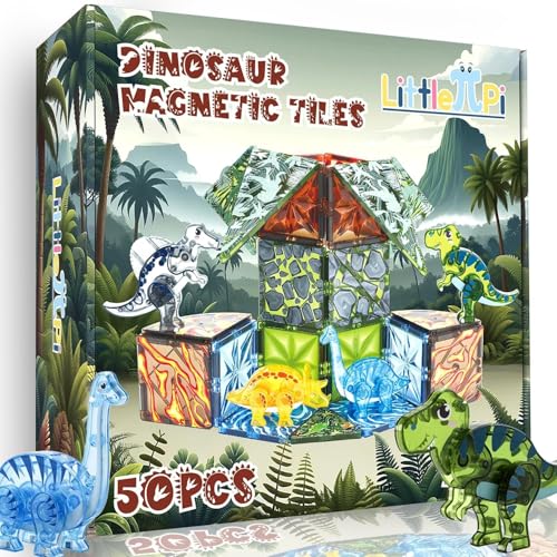 Magnetic Tiles Dinosaur Toys for Kids 3-5 5-7 Magnet Building Blocks Toddler Toy Dinosaurs - 3 Year Old Boy Gift STEM Learning Resources for Kids Ages 3 4 5 6 7 8 Gifts for 4 Year Old Boys