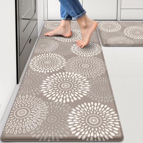 LuxStep Kitchen Mats for Floor,Cushioned Rug Anti-Fatigue Mats for Kitchen Decor Accessories,Waterproof Non-Slip Mats and Rugs Set for Office,Floor,Laundry 17.3"×30"+17.3"×47",Khaki