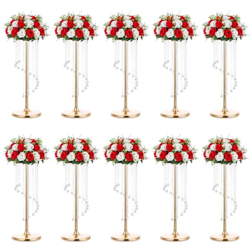 Nuptio Wedding Centerpieces Gold Vases: 10 Pcs 27.6in Tall Crystal Flower Vase Metal Flowers Stand for Party Tables Decorations - Elegant Bulk Weddings Decoration Table Chandelier Centerpiece stands