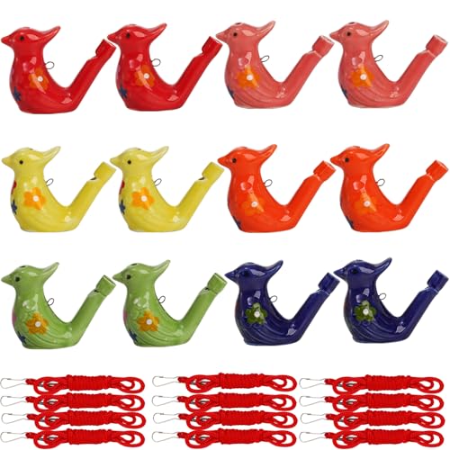 SOUJOY 12 PCS Bird Water Whistle, Ceramic Fun Birdie Call Whistle with Lanyard, Water Warbler Toys for Kids Birthday Gift, Easter Gift, Water and Bath Play Fun, Outdoors