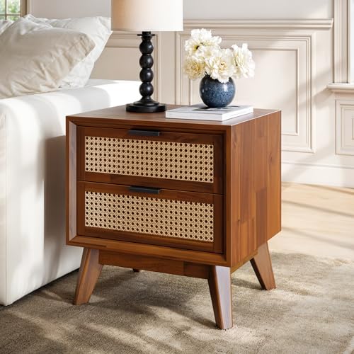 Bme Jasper Deluxe Solid Wood Rattan Nightstand Fully Assembled-Mid Century Modern Side Table with 2 Drawers-Multipurpose use for Living Room, Bedroom-Dark Chocolate