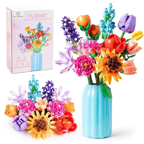 Sawaruita Flowers Bouquet Botanical Building Block Sets for Adult-9 Kind of Wildflowers Botanical Collection with Vase- Plants Toys for Kids Home Decor for Mothers Day,Valentines,Birthday Gifts