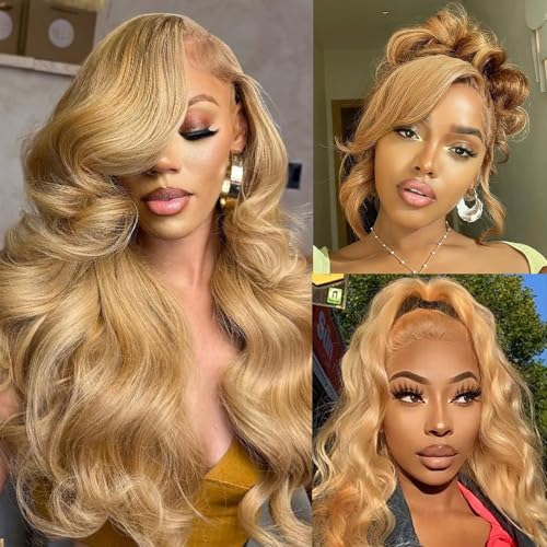 180% Density 13x6 Ash Blonde Lace Frontal Wig Human Hair Honey Blonde Body Wave Lace Frontal Wigs Human Hair 27# Colored Lace Front Wigs For Women Pre Plucked (28inch)