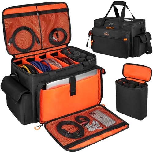 DJ Cable File Gig Bag with Mic Stand Storage - 8-Slot Microphone Case & DJ Equipment Organizer for Musicians, Hard Padded Bottom, Detachable Dividers for Wireless Mics, Karaoke, Music Accessories