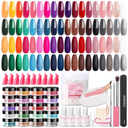 AZUREBEAUTY 170Pcs Dip Nails Powder Starter Kit, 36 Spring Summer Blue Yellow Pink Neon Color Dipping Powder Nail Kit with Essential Dip Liquid Set for French Nail Art Manicure Salon DIY Home