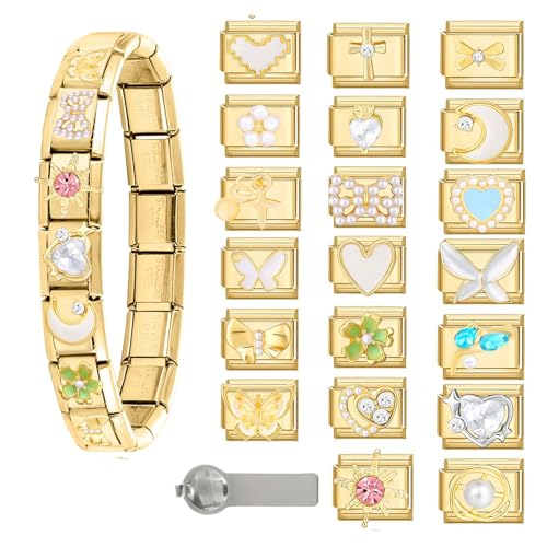 ITingstere Italian Charms Bracelet Sets with 1Pcs Gold Brascelet,20Pcs Charms and Opening Tools,9mm Italian Modular Charm Bracelet Link Handmade