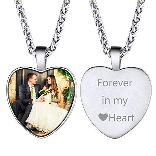 Custom Photo Necklace Stainless Steel Dainty Chain Personalized Engrave Text Heart Pendant with Memorial Image, Gift for Women