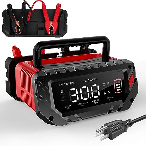 YHCHKJ 30 Amp 6V/12V/24V Smart Trickle Charger, Car Battery Charger, Lithium, Lifepo4, Lead Acid (AGM/Gel/SLA) Battery Maintainer, Desulfurizer, For: Car, Boat, Motorcycle, Lawn Mowers
