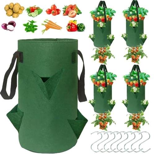 4Pack Upside Down Strawberry Planter, 3 Gallon Hanging Grow Bags for Tomato Vegetables 6 Planting Holes with 6Hooks,Upside Down Strawberry Plant Hanger Vegetable Planting Bags for House (Dark Green)